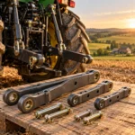 3-point linkage parts supplier Europe - forged Category 1 and Category 2 tractor lift arms and pins by ISC, shown on tractor rear hitch