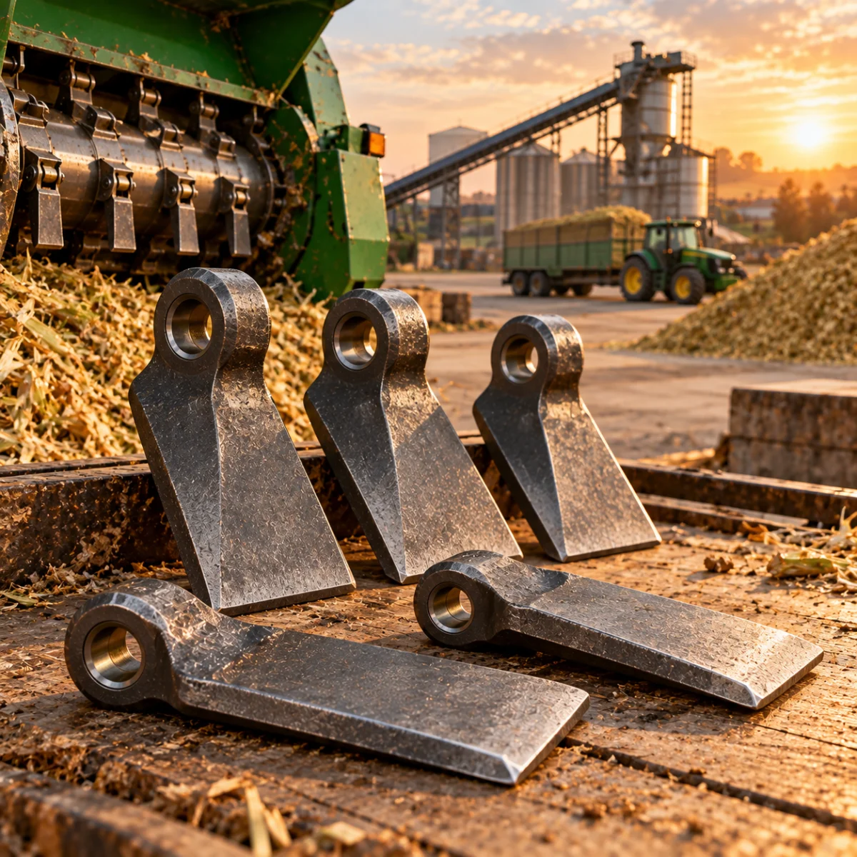 Hammer blades supplier Europe - forged hammer mill and forage harvester blades by ISC with biomass processing facility in background