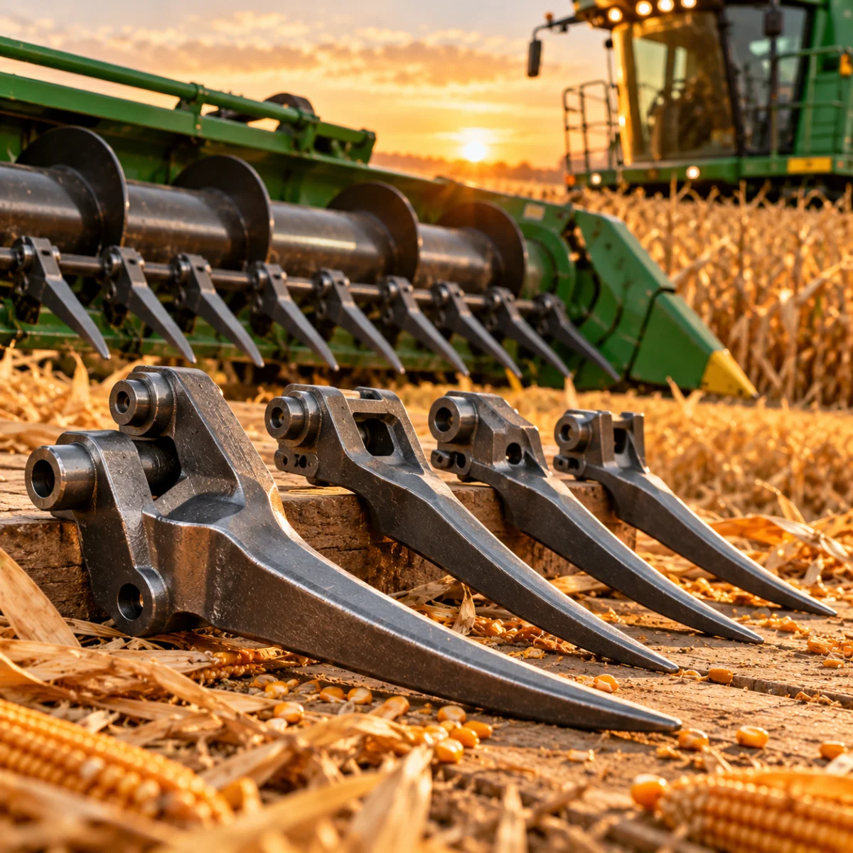 Retractable auger finger supplier South Africa - forged John Deere and Case IH header fingers by ISC, shown in a maize field